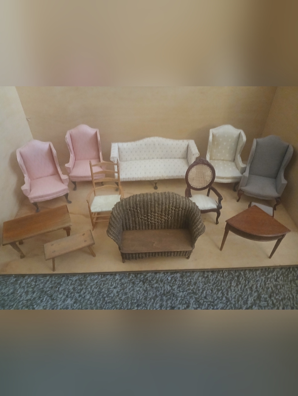 Vintage Miniature Furniature Lot Chairs Couch Tabels Signed
